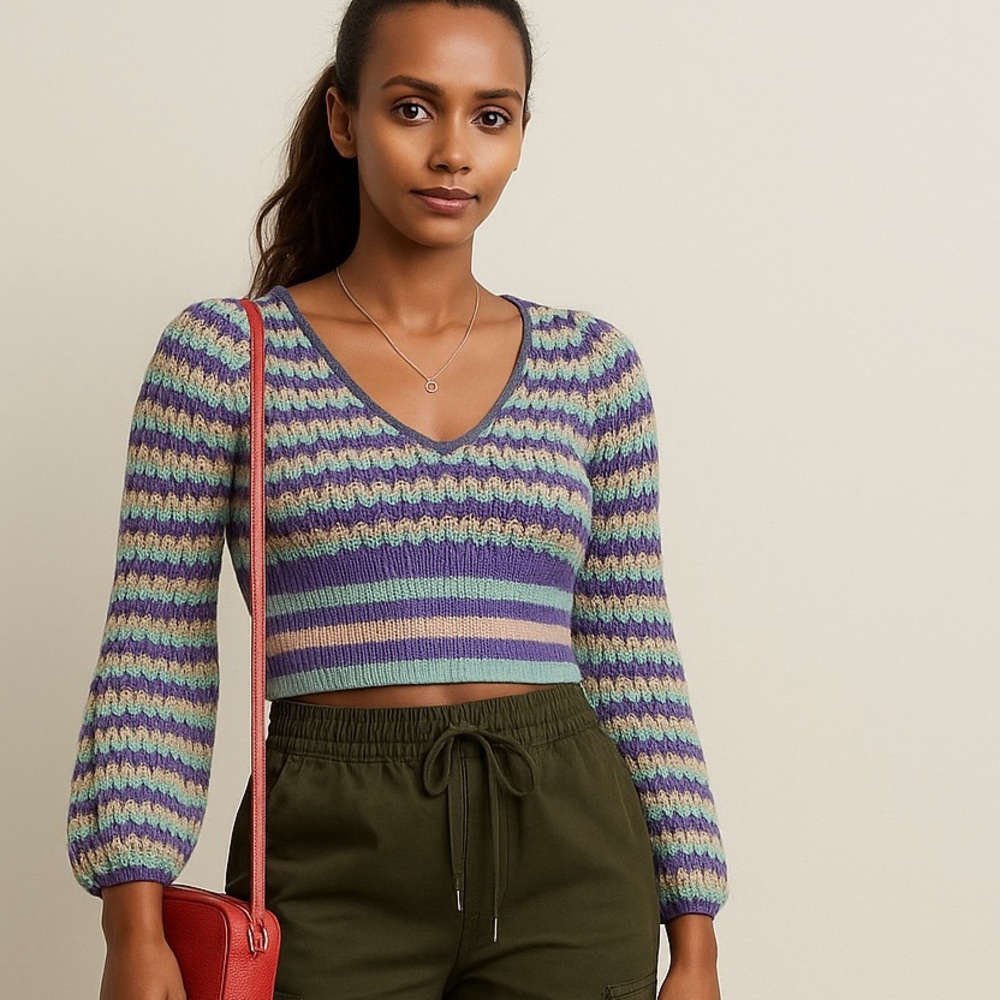 Zara Cropped Knit Crochet Sweater Multicolored - image 5